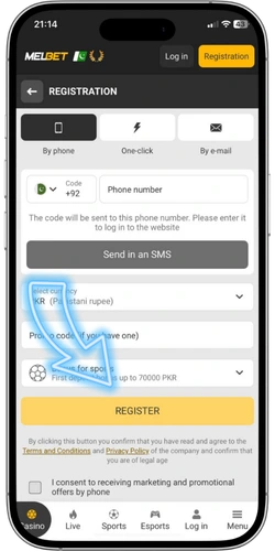 JazzCash casino registration page with sign-up form and phone number field