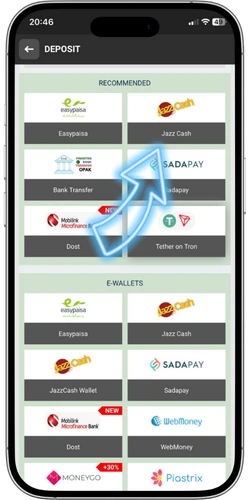 Casino cashier deposit page with JazzCash selected from the list of mobile wallet options